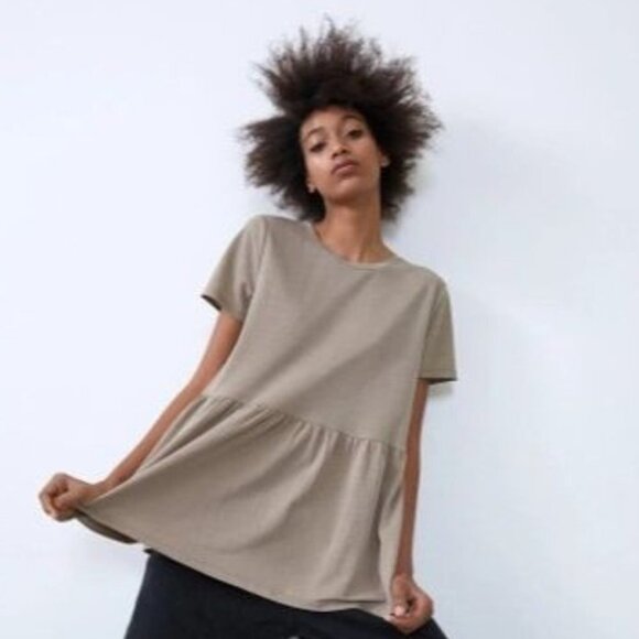 Zara Peplum Short Sleeve Top Khaki Size  S - Picture 1 of 15